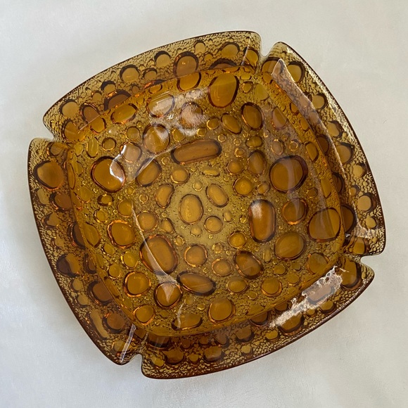 Vintage Blenko Libbey mcm honey amber bubble glass ashtray 8.5” trinket tray - Picture 1 of 4